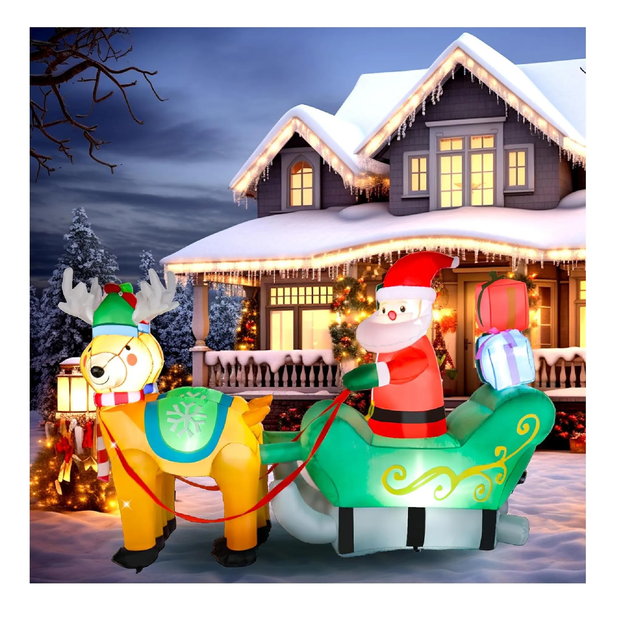 VINGLI 7ft Tall Christmas Santa Sleigh Inflatable, Blow Up Yard Decoration with Secure Stakes Storage Bag, Electric Blower Fan for Indoor Outdoor Garden Decor