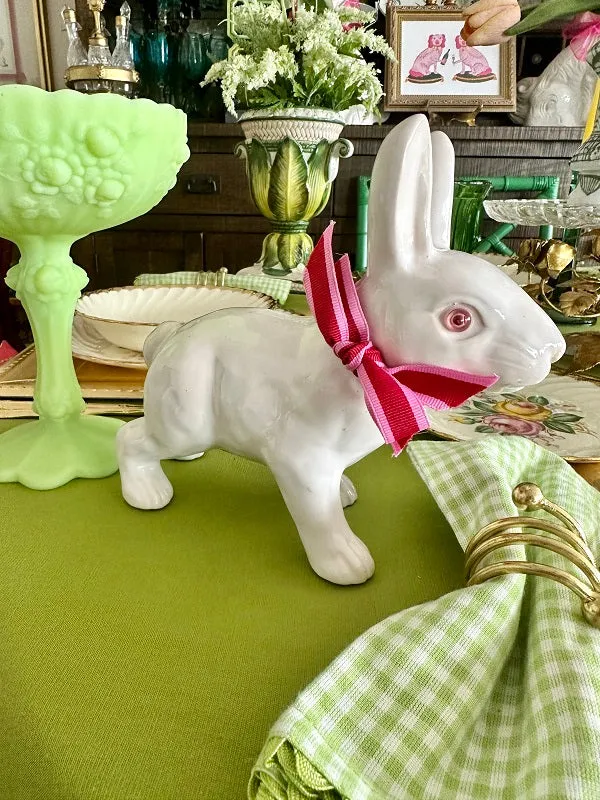 Vintage Bunny Figurine, White with  Pink Glass Eyes and Bow