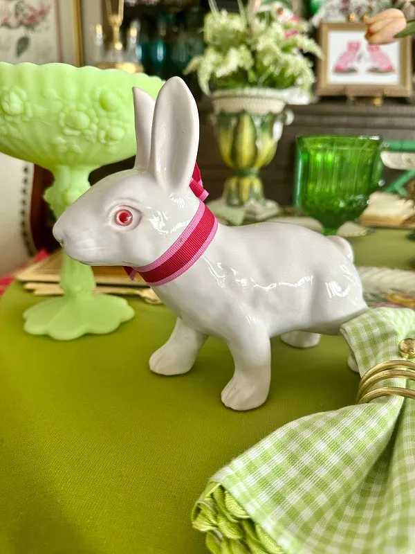 Vintage Bunny Figurine, White with  Pink Glass Eyes and Bow