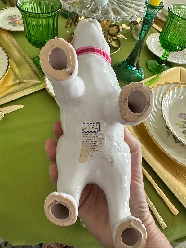 Vintage Bunny Figurine, White with  Pink Glass Eyes and Bow