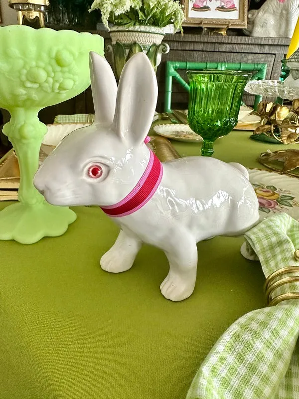 Vintage Bunny Figurine, White with  Pink Glass Eyes and Bow