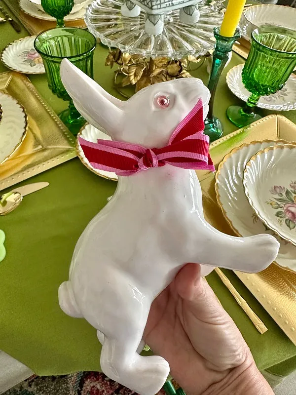 Vintage Bunny Figurine, White with  Pink Glass Eyes and Bow