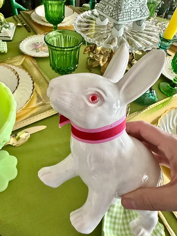 Vintage Bunny Figurine, White with  Pink Glass Eyes and Bow