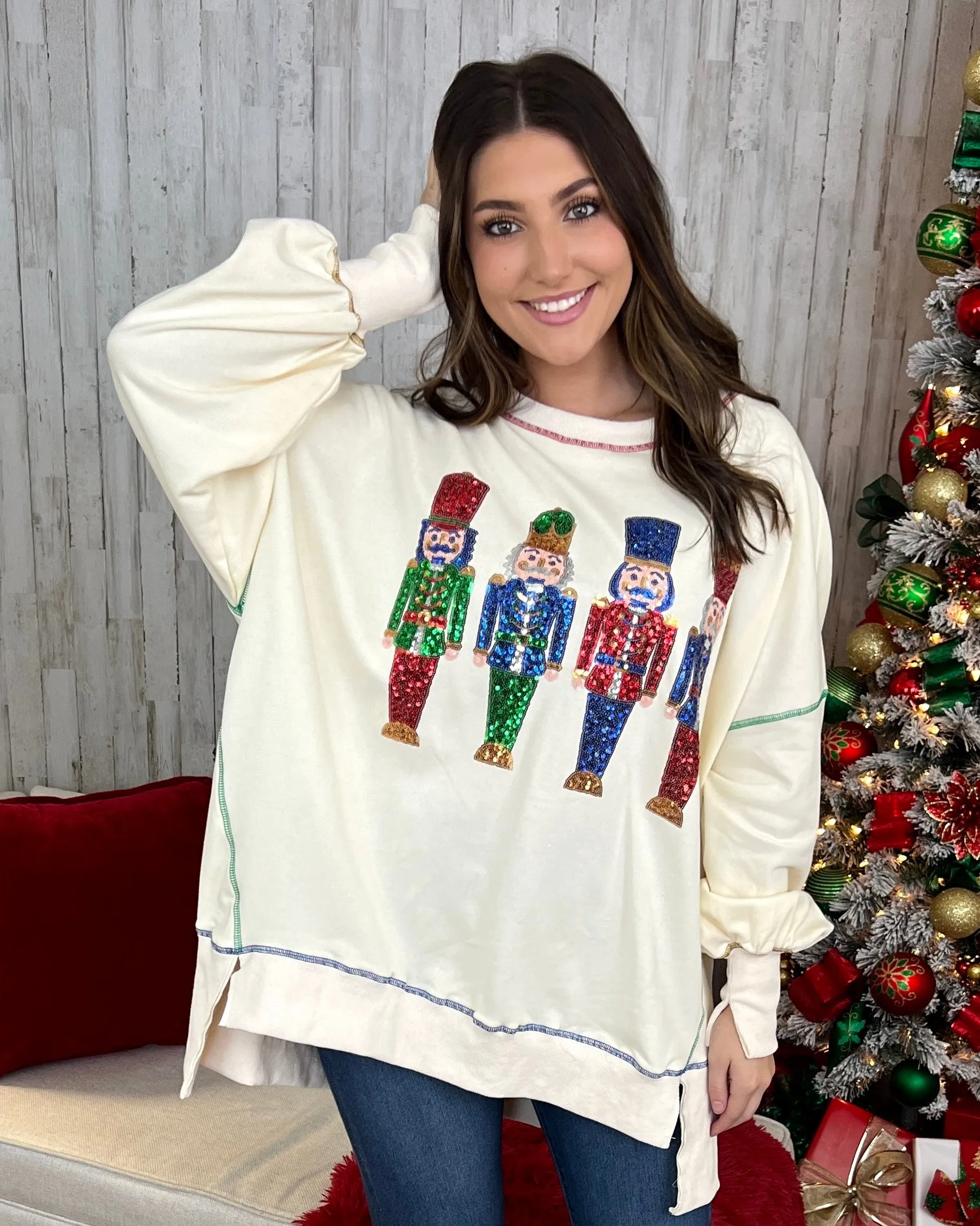 Visiting Santa Cream Nutcracker Top