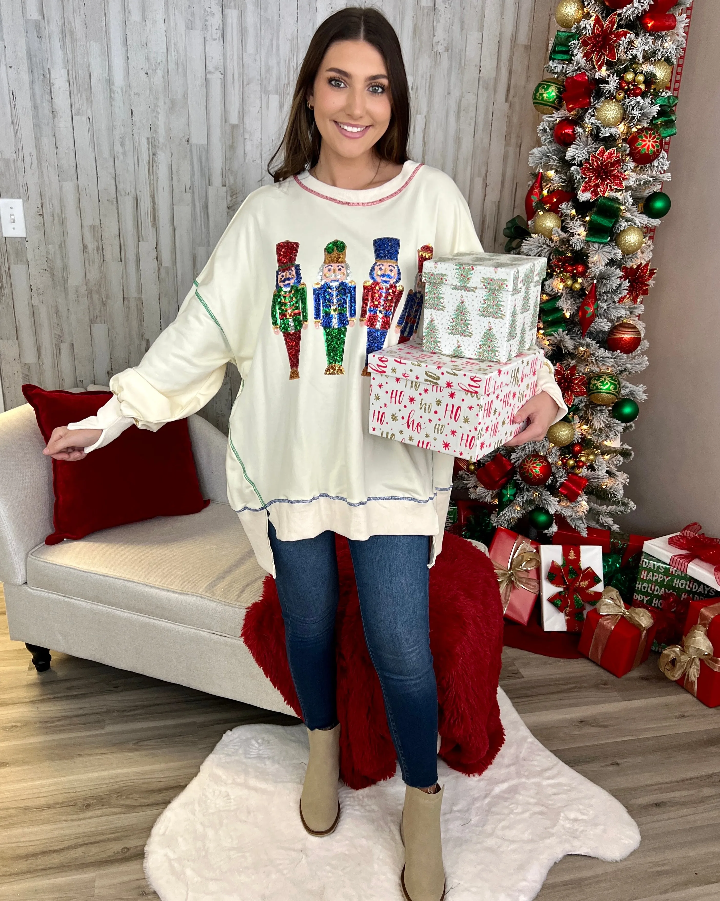 Visiting Santa Cream Nutcracker Top