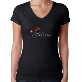 Womens T-Shirt Rhinestone Bling Black Fitted Tee Christmas Santa Hat Believe
