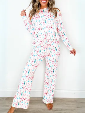 Womens White Christmas Pattern Long Sleeve Top and Wide Leg Pants Set