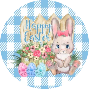 Wreath Sign, Blue Easter Sign, Plaid Bunny, 10" Round Metal Sign DECOE-456, Sign For Wreath, DecoExchange