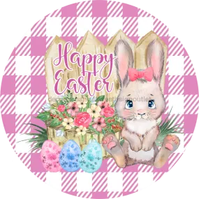 Wreath Sign, Pink Easter Sign, Plaid Bunny, 18" Wood Round  Sign DECOE-459, Sign For Wreath, DecoExchange